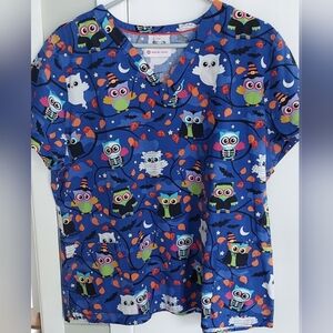 Halloween Scrub Owls Ghost Frankenstein Skeleton XL White Cross